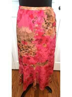 Krazy Kat XL Pink Red Tan Print Trumpet Midi Skirt Y2K Grunge Fairy Cottage Boho
